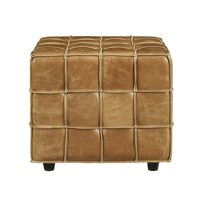 Laryn Genuine Leather Square Pouf Ottoman, Light Brown