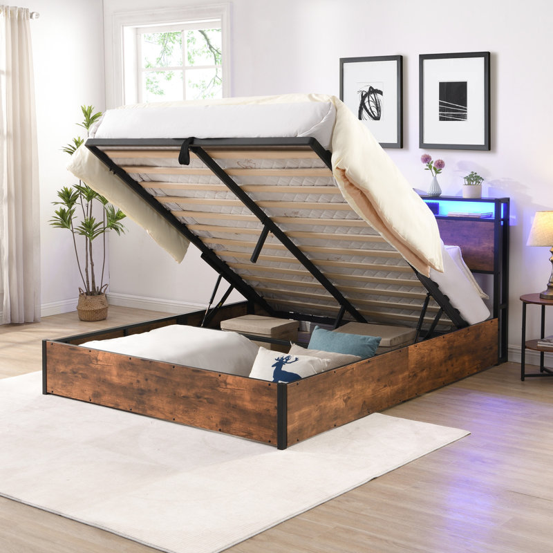 Storage Bed In Full, Rustic Brown With Bookcase Headboard & Energy Led Lights Platform Compartment, Waterproof, Full