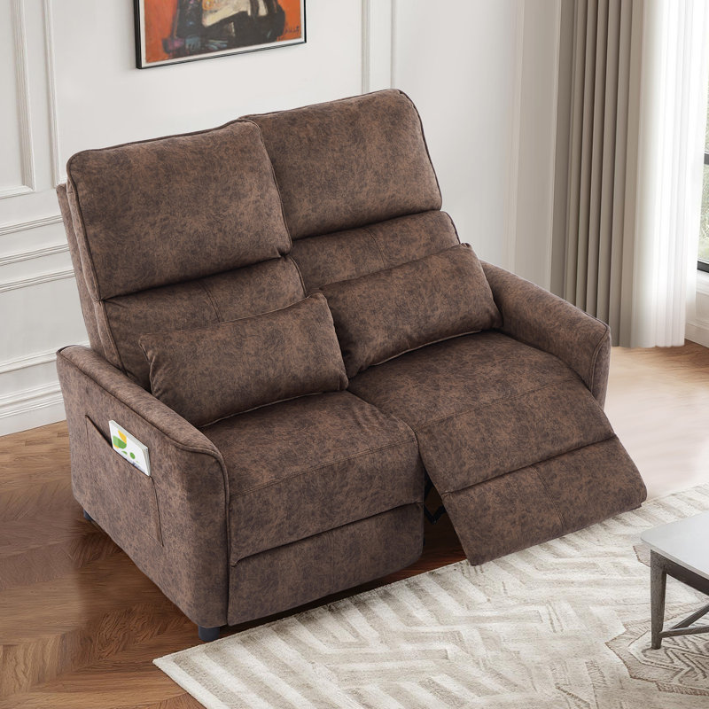 Manual Push Back Reclining Loveseat Sofa For Living Room, Brown Fabric
