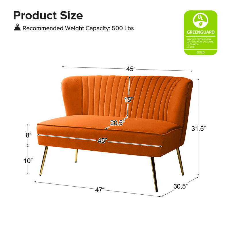 Euclid 47" Velvet 2-Seat Armless Loveseat, Orange
