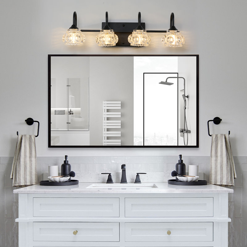 Luminaire de meuble-lavabo moderne, abat-jour en verre cristal, à intensité variable, Noir mat, Quatre lumières