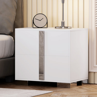 Bedroom Nightstand, End Table with Drawers, Nightstand with Metal Foot, Wooden Bedside Table with Mirrored Metal Handles