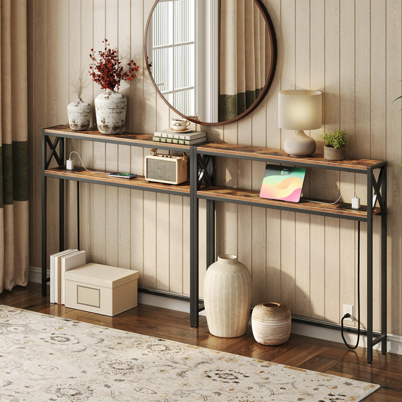 Console Table With Charging Station, 2 Outlets & 2 USB Ports, Narrow Sofa Table With Adjustable Feet, 39.4" X 5.9" X 39.4" For Small Spaces