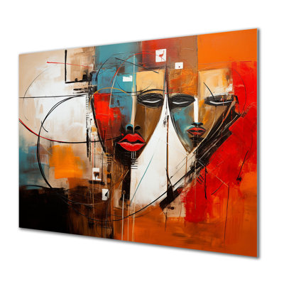 Double portrait minimaliste rouge et bleu - Masque africain, décoration murale