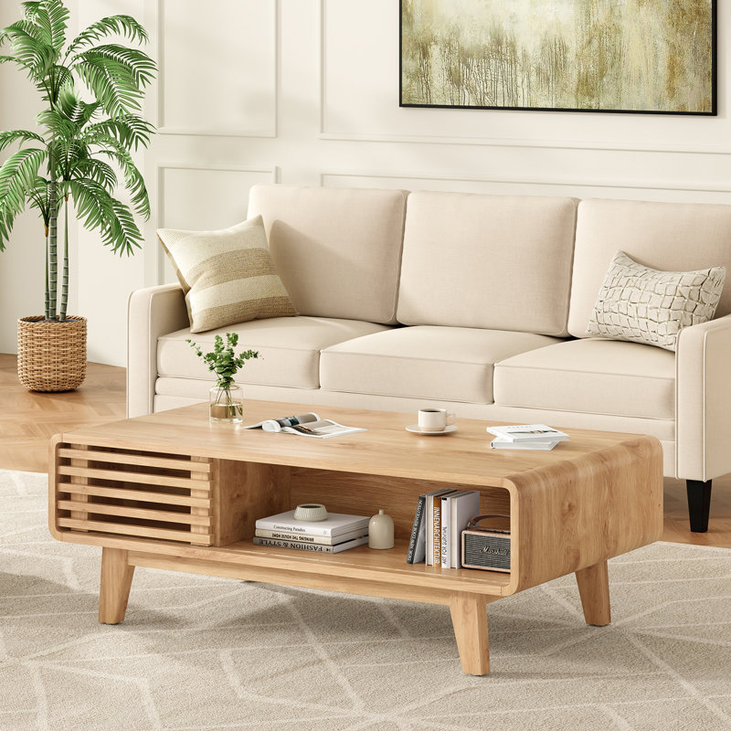 Modern Coffee Table With Storage, 15.7" H x 23.4" L x 43.5" W, Natural Wood