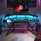 Berlanga Gaming Desk with Power Outlet & Led Strip, Large Wing-Shaped Computer Desk with Monitor Stand