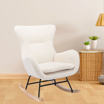 Teddy Rocking Chair With Iron Frame & Solid Wood Legs, Modern Glider Rocker Accent Chair, Upholstered Rocking Armchair For Bedroom Living Room Office by George Oliver