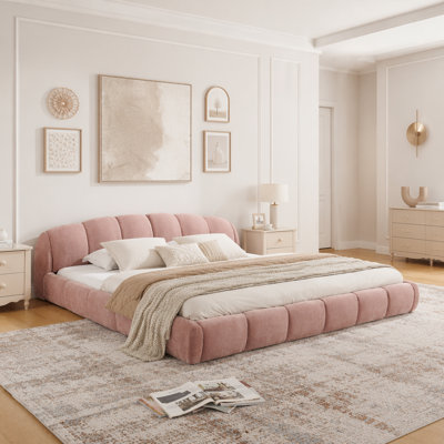 Elegant Chenille Upholstered Platform Bed Frame, Thick Curved Headboard & Wrapped Footboard, Low Profile Floor Bed, No Box Spring Required, Easy Assembly