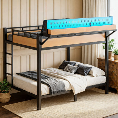 Lit superposé grand sur grand avec tablettes de rangement et panneau perforé, cadre de lit superposé avec ports USB et lumières DEL, peu encombrant