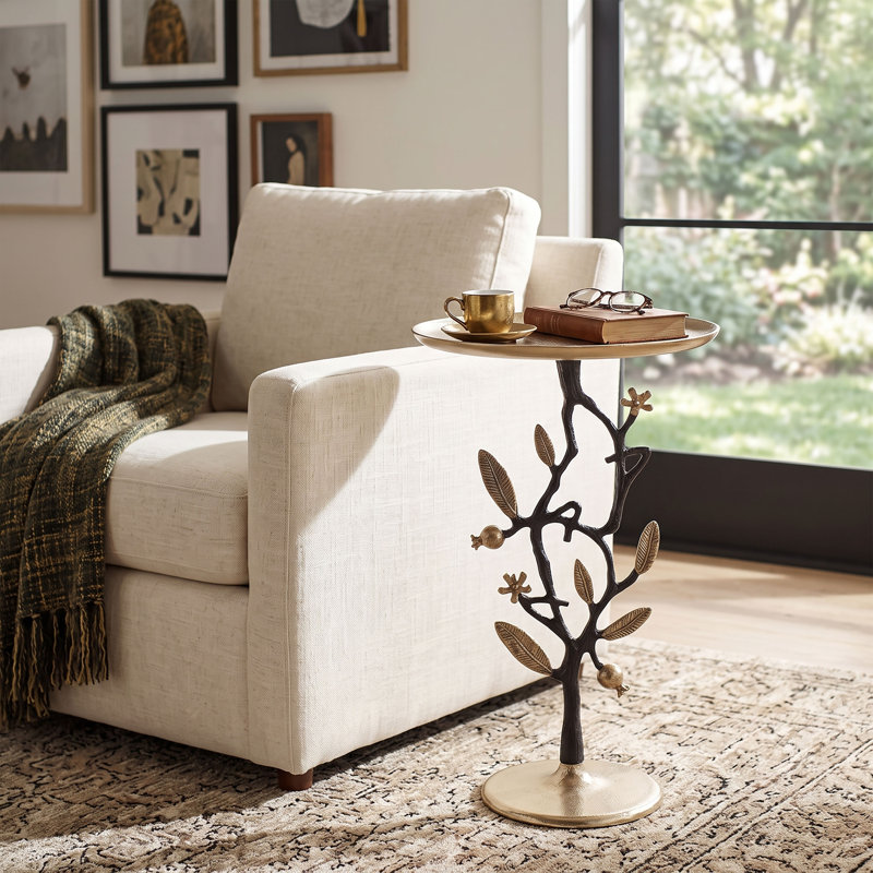 D14X24" Black And Gold Aluminum Side Table With Delicate Pomegranate Design