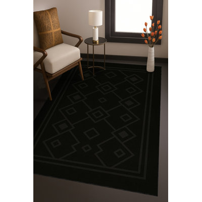 Tapis noir tissé à motif géométrique lavable Mosso