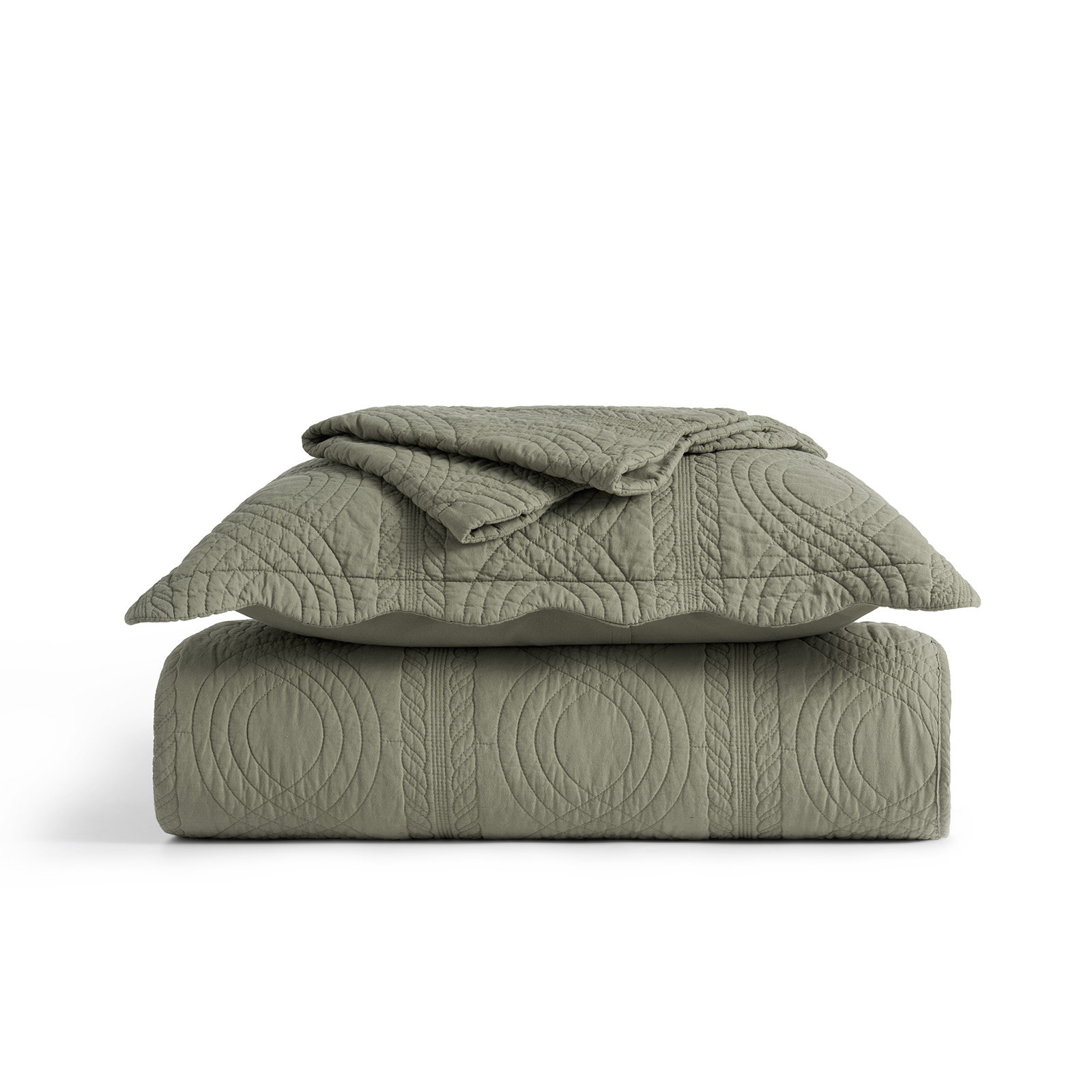 Scallop Edge 100% Cotton Quilt Set, King Quilt + 2 King Shams, Olive Green