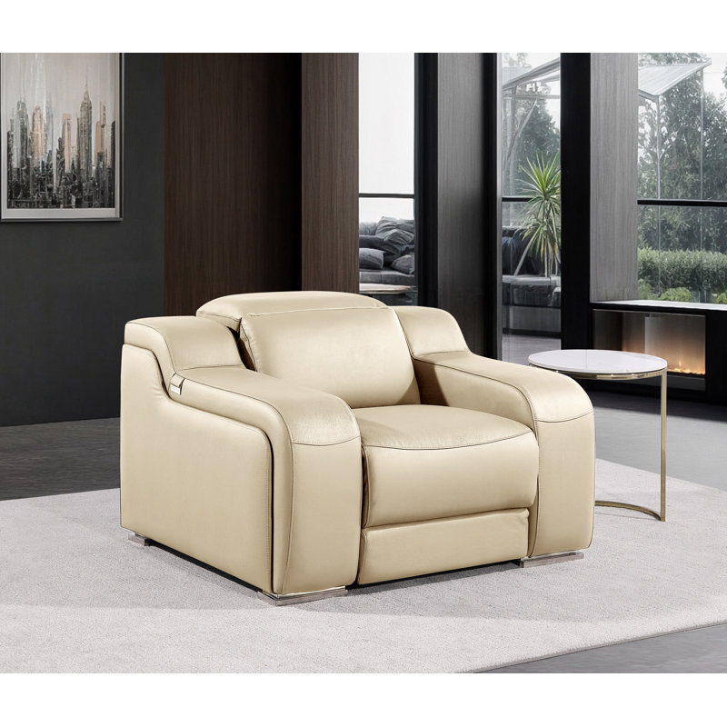 Divanitalia Top Grain Italian Leather Power Reclining Chair With Power Headrests, Beige