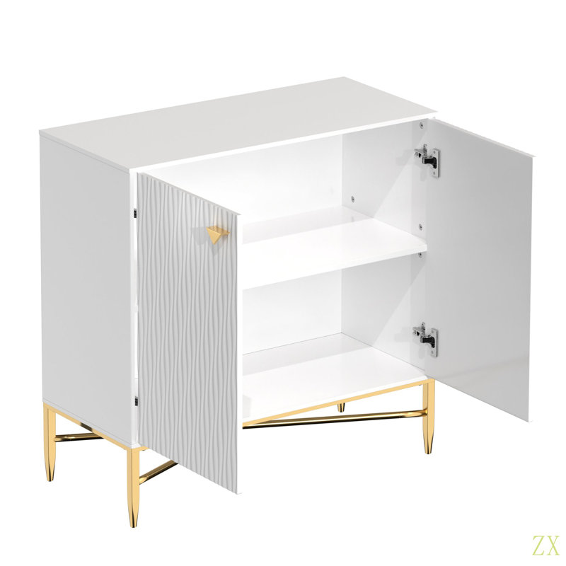 Armoire d'appoint à 2 portes avec pieds fuselés et poignées triangulaires, Blanc