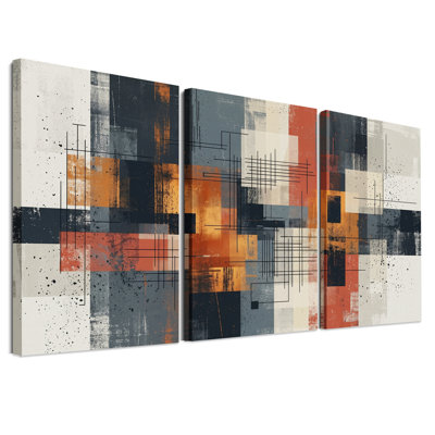 Ensemble de 3 toiles murales représentant des formes géométriques abstraites dans les tons rouille, orange et marine