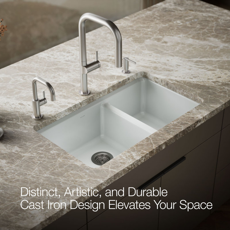 Riverby 33" Enameled Cast Iron Undermount Double Basin Kitchen Sink, Ice Gray
