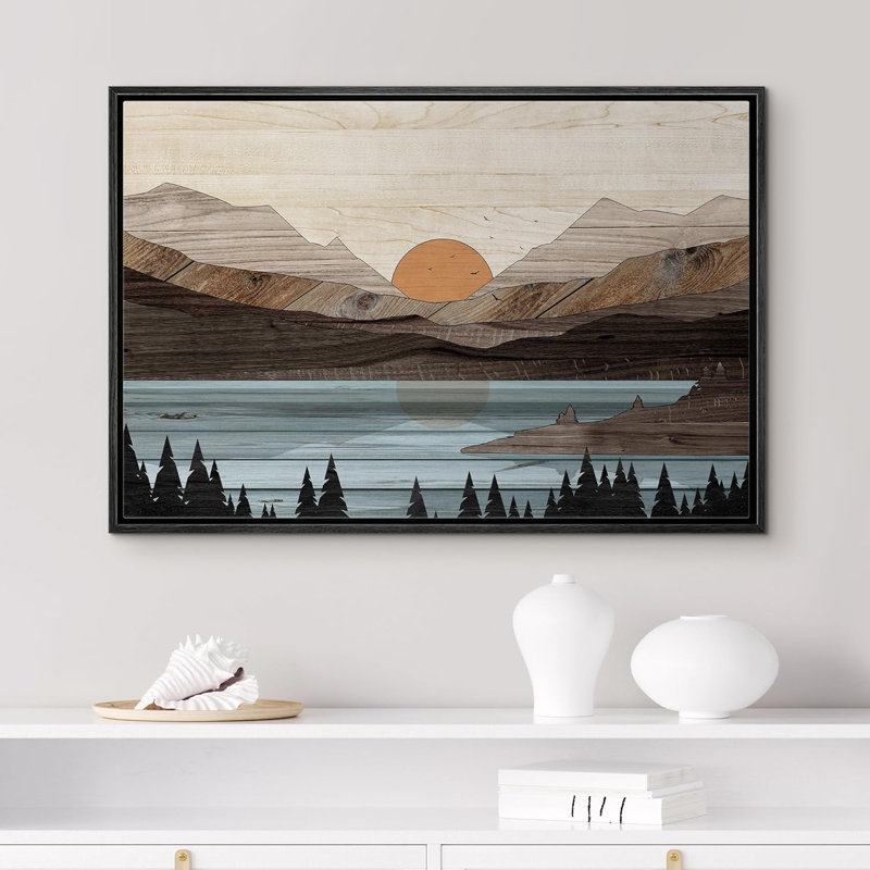 «Western Wood Effect Landscape Mountain Range Lake Trees Nature Abstract Artwork Living Room Decor on Canvas Print