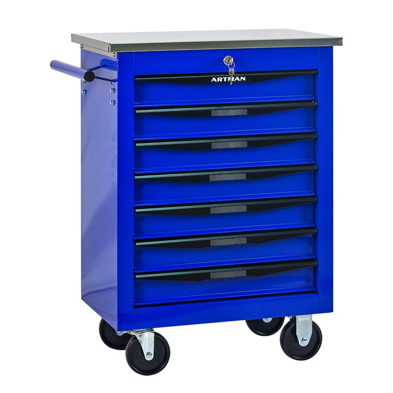 7 Drawer Tool Trolley, Wheels, Stainless Steel Roof, Warehouse Repair Shop, Universal Locking Mechanisms, One - Side Pull Handle, Key Locked Storage Drawers, Metal Cart, Warehouse, Locking, Drawers