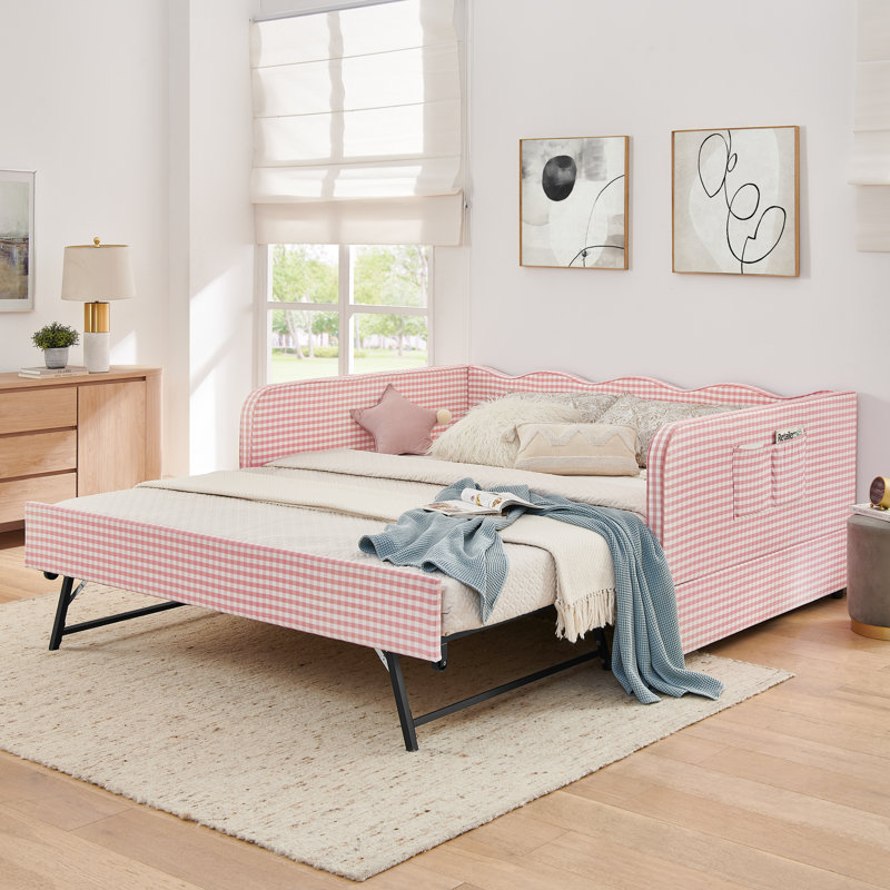 Divan-lit double convertible 3 en 1 avec couchette gigogne et poches de rangement latérales Gingham, Rose
