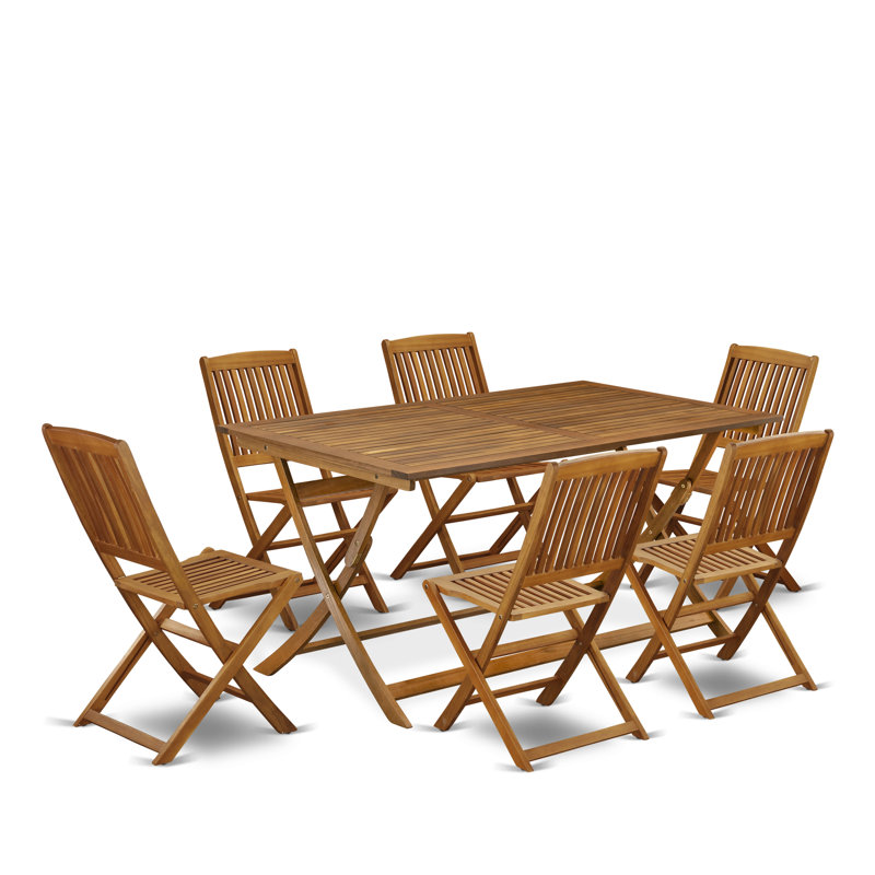 7 Piece Patio Dining Set Consist of a Rectangle Outdoor Acacia Wood Table and 6 Folding Side Chairs, Natural Oil