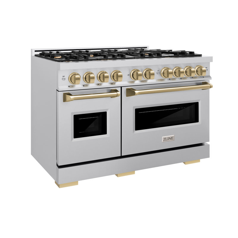 ZLINE Autograph Edition 48 in. 6.7 cu. ft. Classic Double Oven Gas Range with 8 Burner Cooktop, Matte Black, Stainless Steel