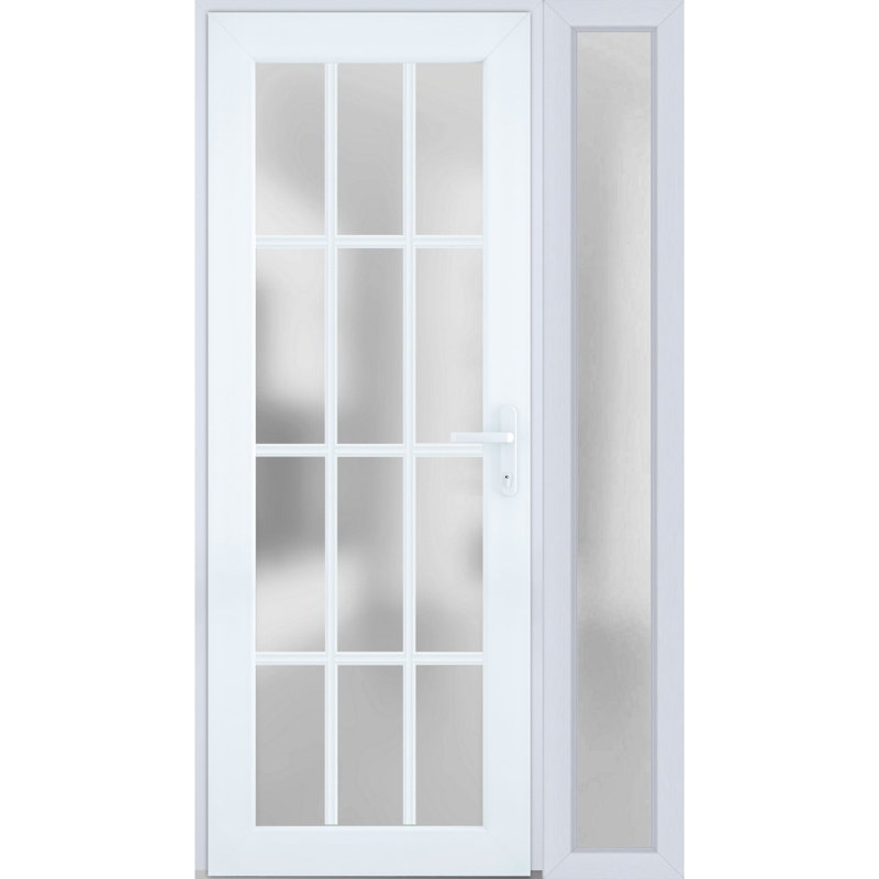Front Exterior Prehung FiberGlass Door Frosted Glass / Manux 8312 White Silk / Side Exterior Window / Office Commercial and Residential Doors Entrance Patio Garage-W30+12" x H80"-Left-hand Inswing