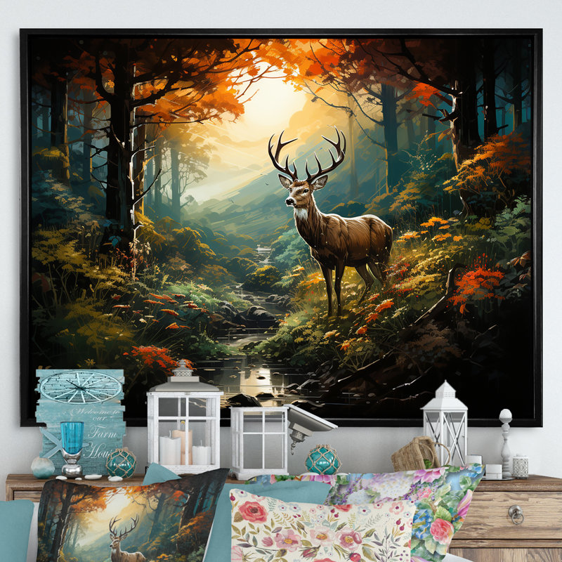 Vert et brun, cerf dans la forêt, impression d'art animalier mural, Cadre flottant noir, H 30 po x l 40 po x P 1,5 po