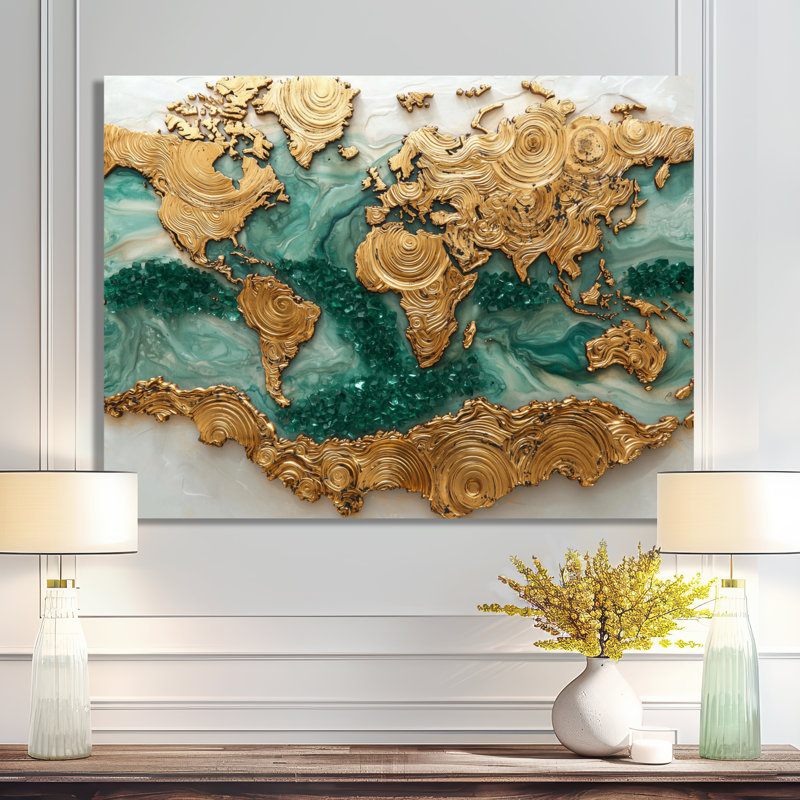 Emerald Crystals World Map Wood Slide I - Art mural carte du monde, H 30 po x l 40 po, Toile tendue, Ne s’applique pas