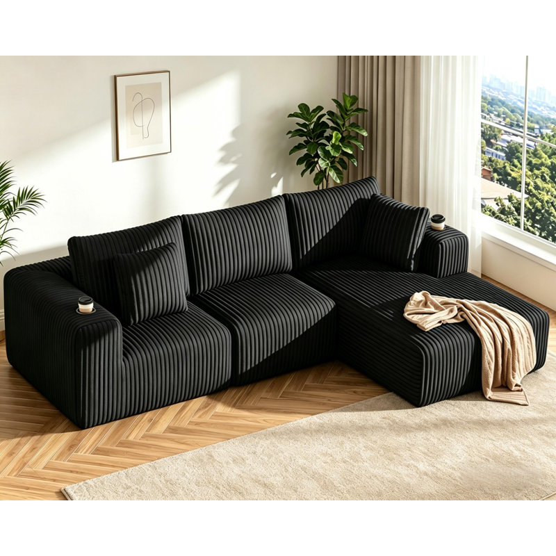 3 Seater Sofa & Chaise, Right Hand Facing, Black