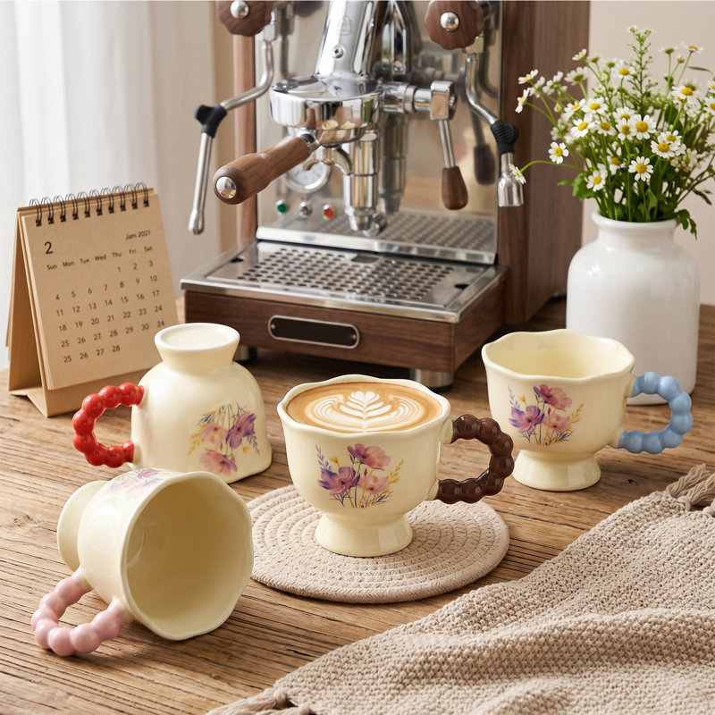 4 tasses en céramique avec poignées de fleurs, Pink