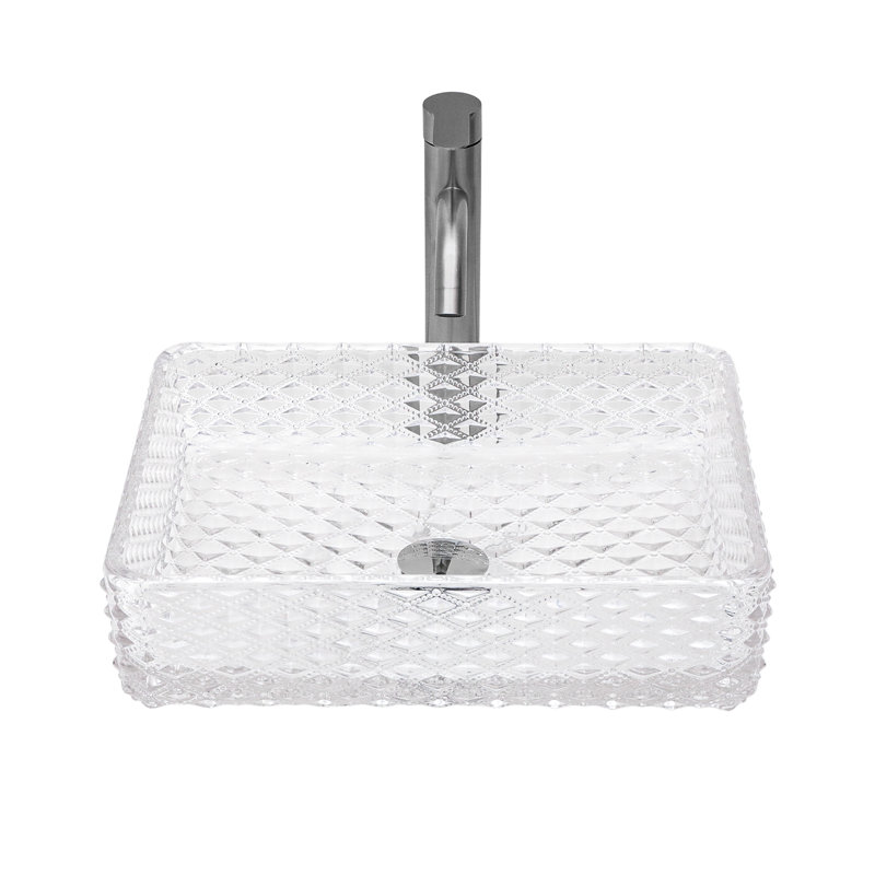 Lavabo vasque de salle de bain rectangulaire au-dessus du comptoir pour salle de bain, design à texture de diamant, lavabo vasque en verre trempé avec bonde escamotable (sans robinet)