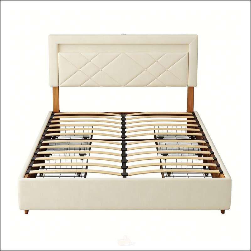 Structure de lit très grand avec tête de lit haute, plateforme rembourrée pour un style rétro simple, aucun sommier tapissier requis, assemblage facile, ivoire