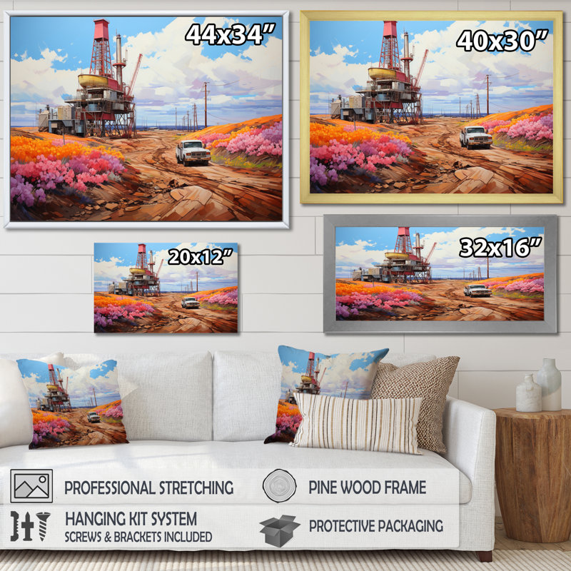 «Pink Oil Rigs», impression sur toile, H 30 po x l 40 po x P 1,5 po, Encadrement doré