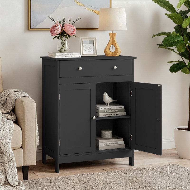 Black Bathroom Storage Cabinet With 2 Doors And 1 Drawer, Black