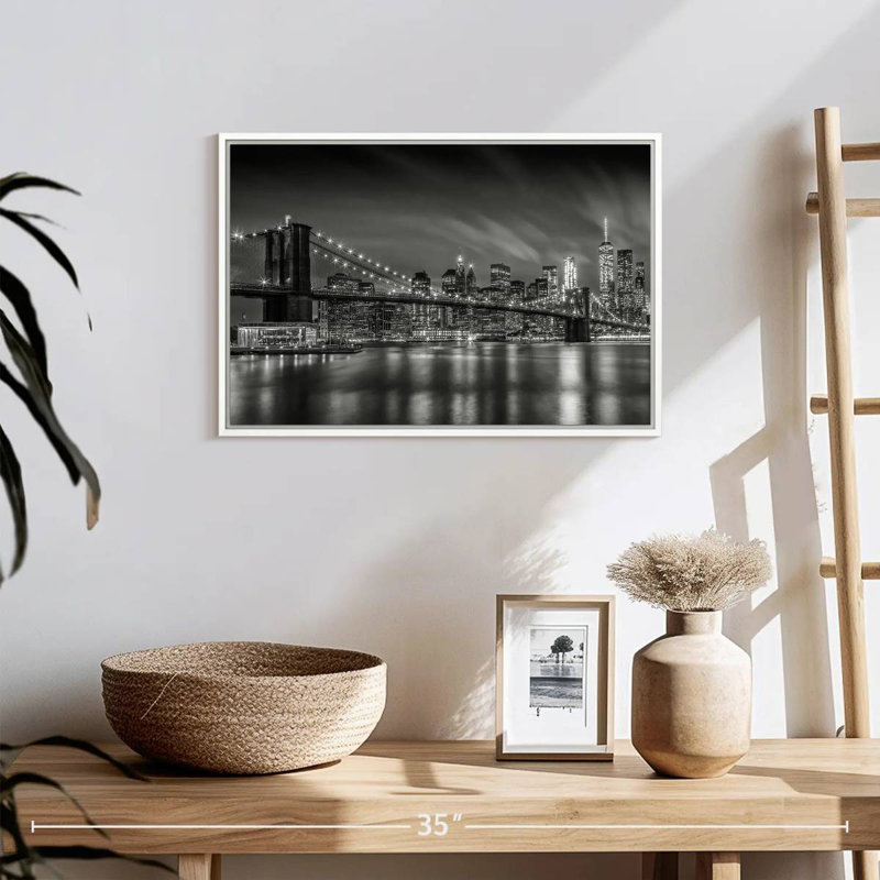 Brooklyn Bridge Nightly Impressions, 19 po x 13 po, Cadre flottant blanc
