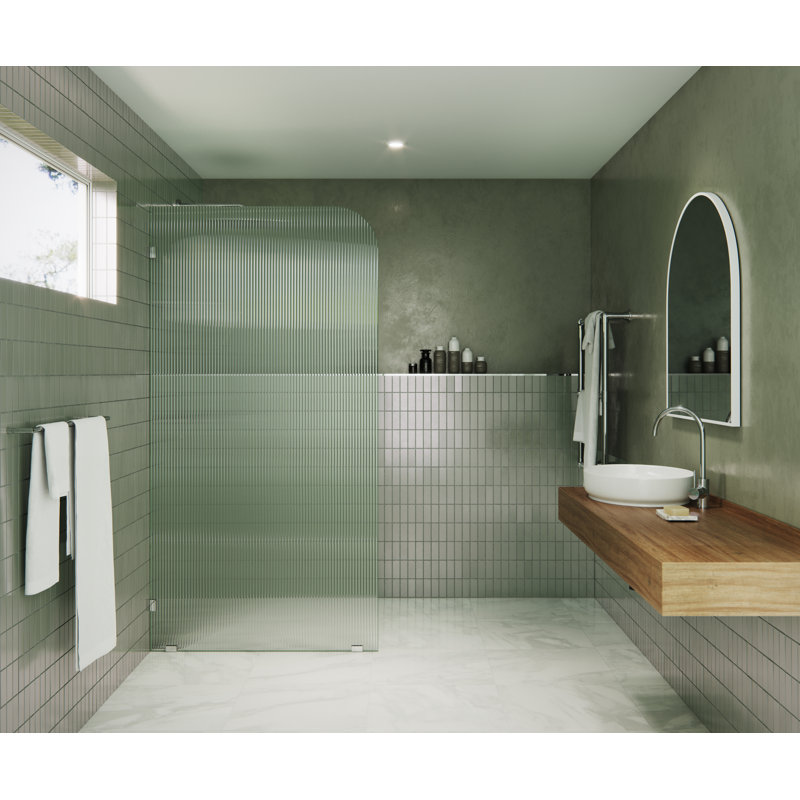 Aurora 38 in. x 78 in. Fully Frameless Fluted Radius Single Fixed Shower Panel, Polished Chrome, Left Opening