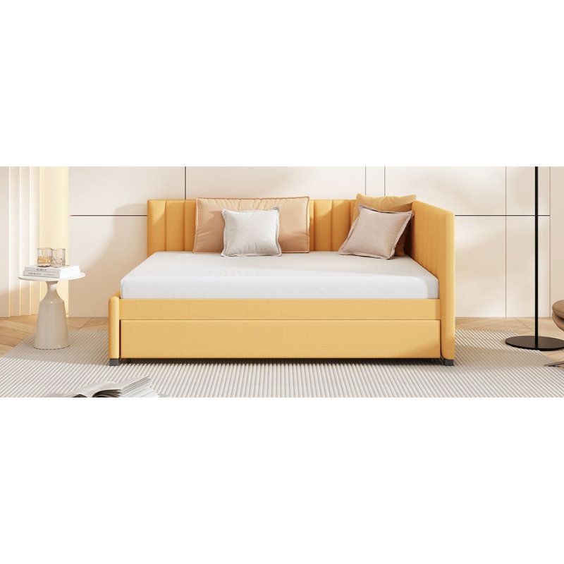 Lit de jour rembourré avec lit gigogne en lin jaune, sans sommier tapissier, structure en bois stable pour un espace de détente gigogne en lin, matériaux robustes, configuration de chambre à coucher pratique