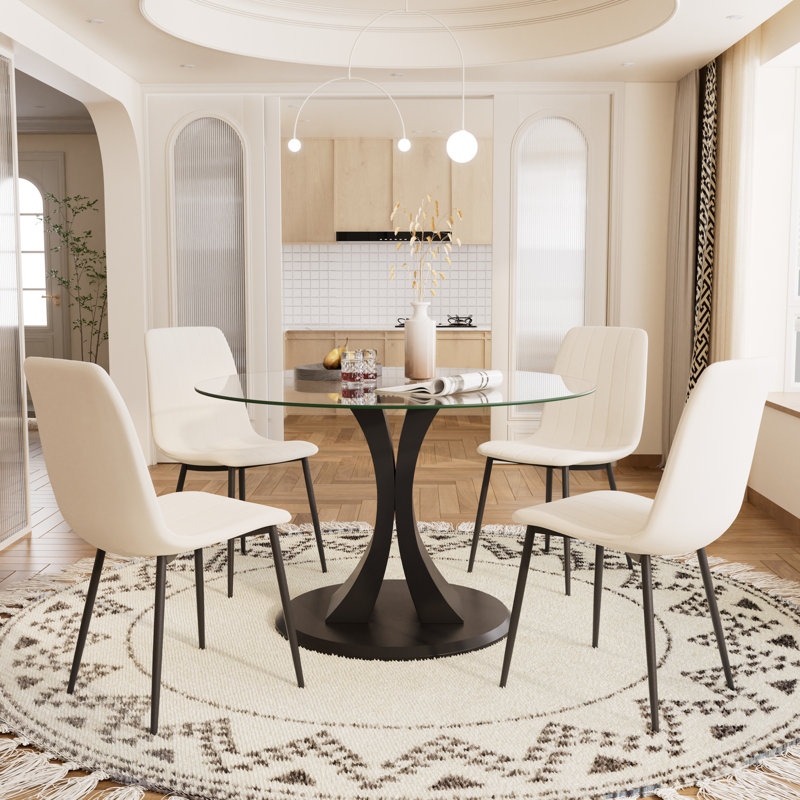 Ensemble de table ronde en verre trempé, 5, Beige