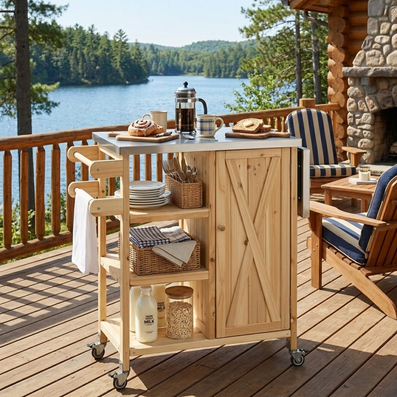Farmhouse Outdoor Kitchen Island Cart with Fold-Down Stainless Steel Extension Top, Open Shelves, Locking Wheels and Storage Cabinet for Patio, Poolside and Backyard