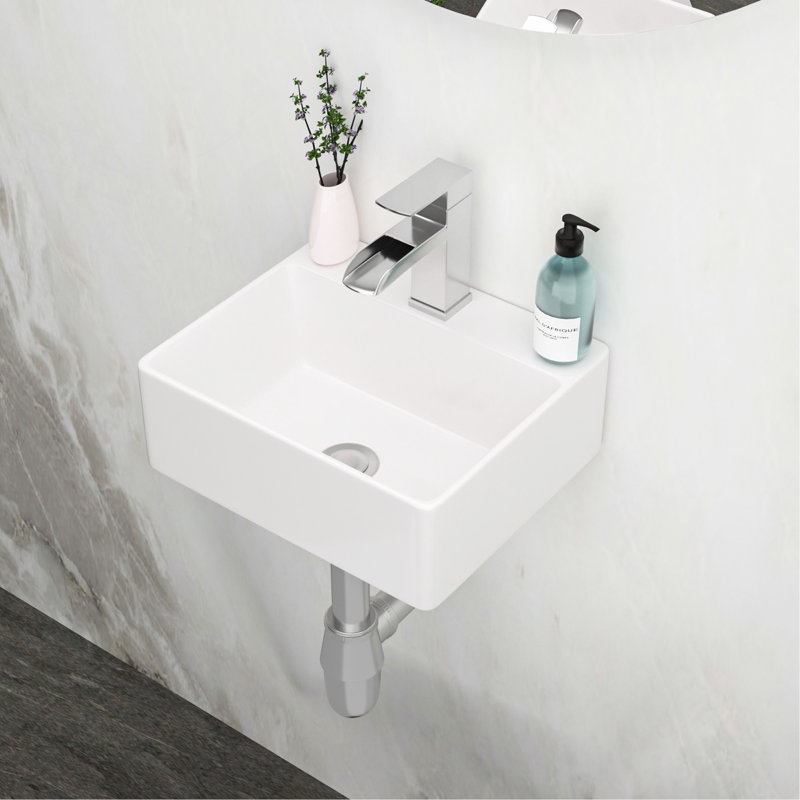 Lavabo de salle de bain mural rectangulaire en céramique 13,6 ", lavabo vasque flottant moderne avec trou de robinet simple pour petits espaces