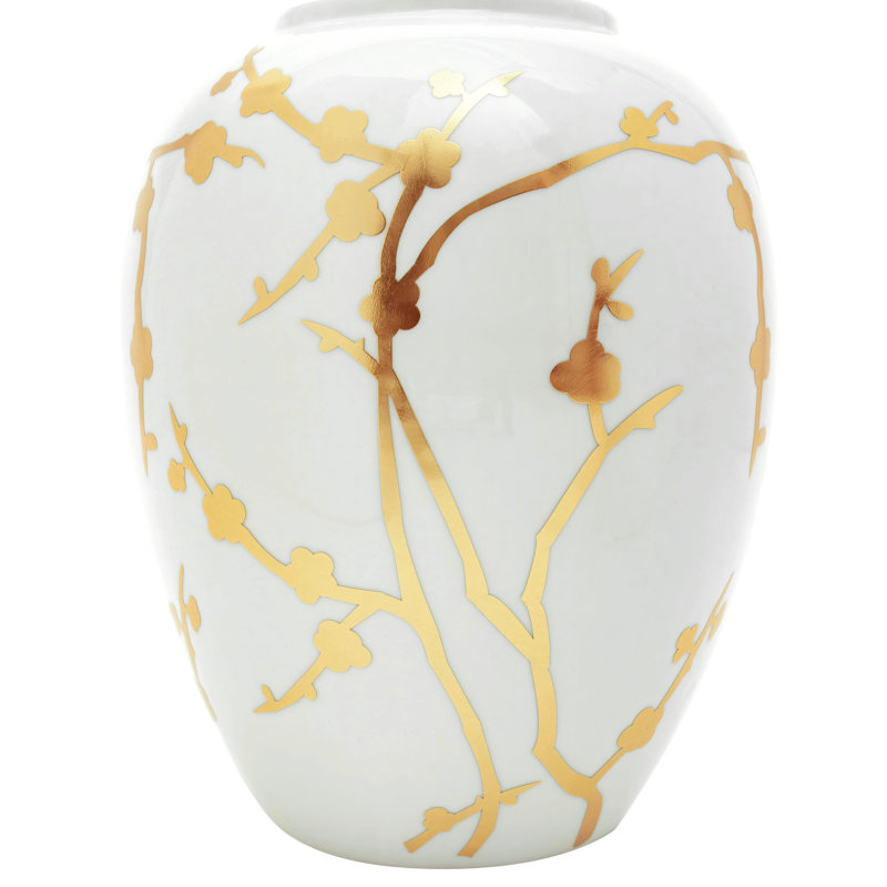 10" Gold Branches Vase, White