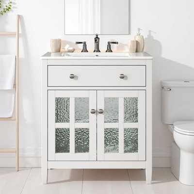 Meuble-lavabo autoportant de 30 po avec lavabo en céramique, portes en verre texturé et plateau basculant