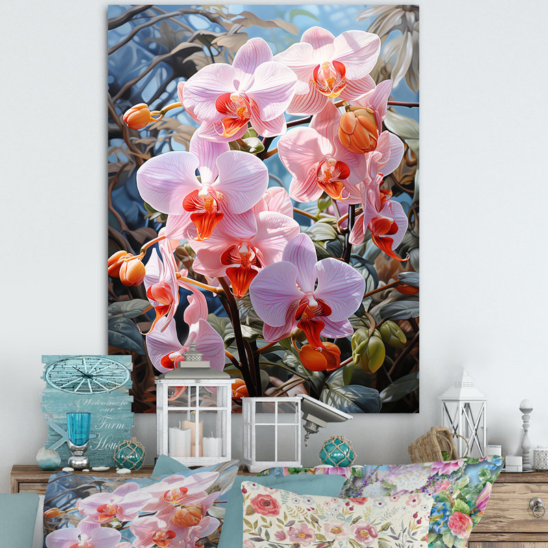 Orchidées roses, allure tropicale sur toile, Toile tendue, H 20 po x l 12 po x P 1 po