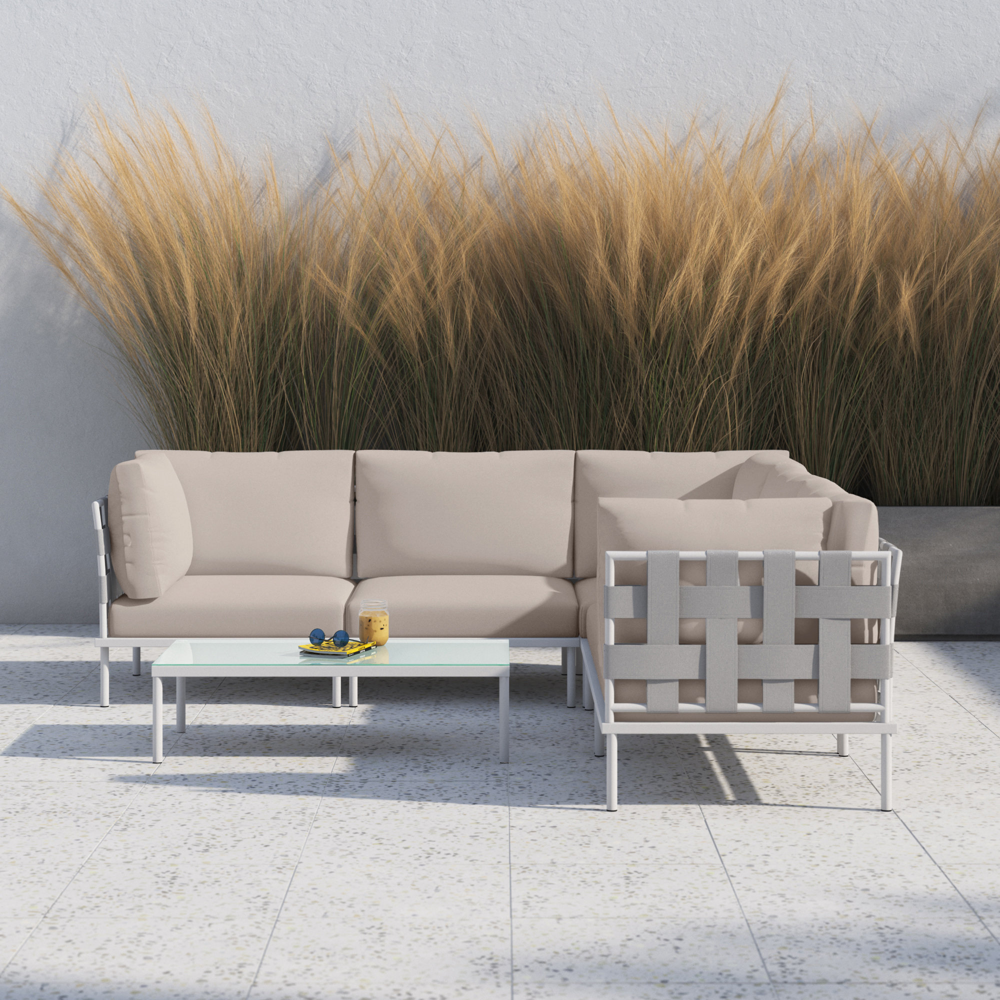 Harmony 6 Piece Outdoor Patio Aluminum Sectional Sofa Set, Beige