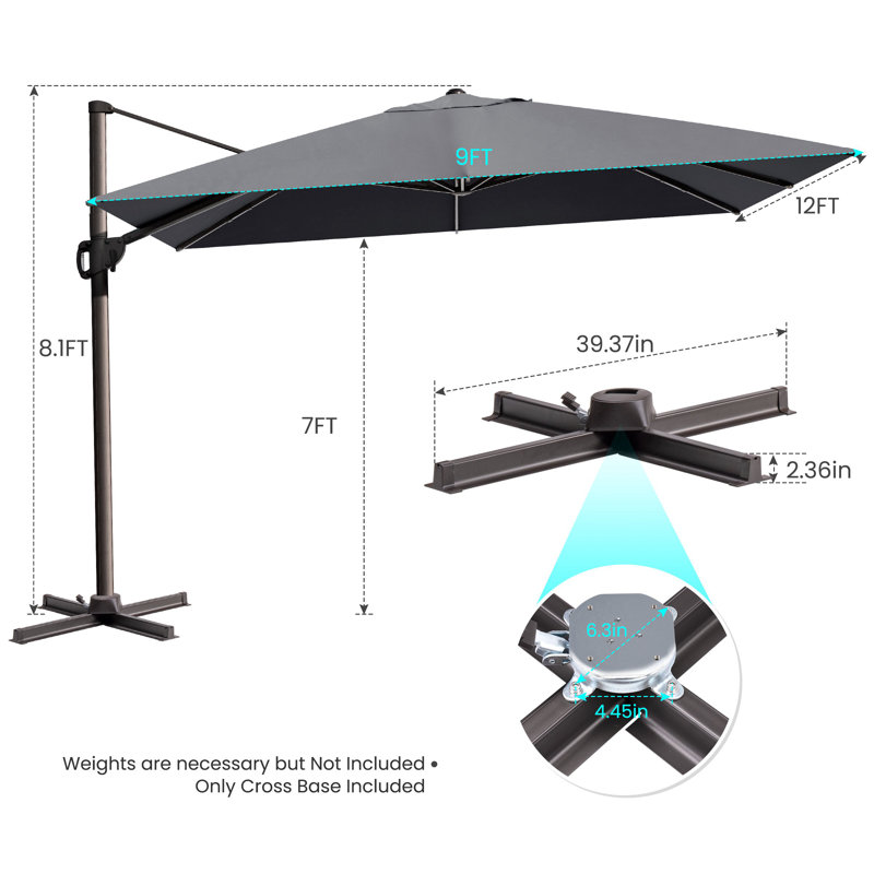 Parasol de patio rectangulaire en porte-à-faux sans base lestée 12 pi x 9 pi Selami, Dark Grey