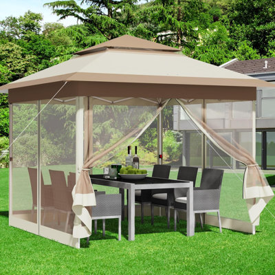3.3 × 3.3 m One-Touch Pop-Up Canopy Tent with Extended Eaves, Mesh Panels, Waterproof Sealed Seams, Wheeled Carry Bag & Sandbags – Khaki & Brown