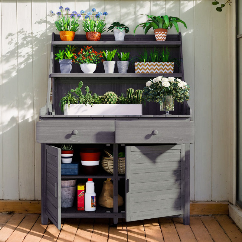 Table de rempotage d'extérieur avec grand espace de rangement, poste de travail en bois de sapin avec tablette de rangement, tiroir et armoire