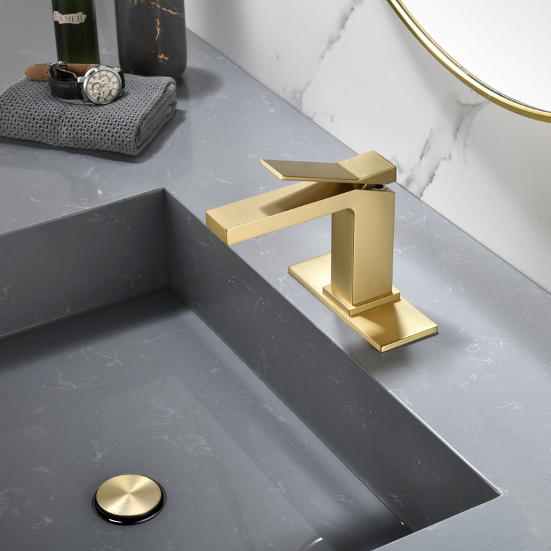 Robinet de lavabo de salle de bain monocorps à poignée simple avec ensemble de drain optionnel, Or brossé, Drainage inclus