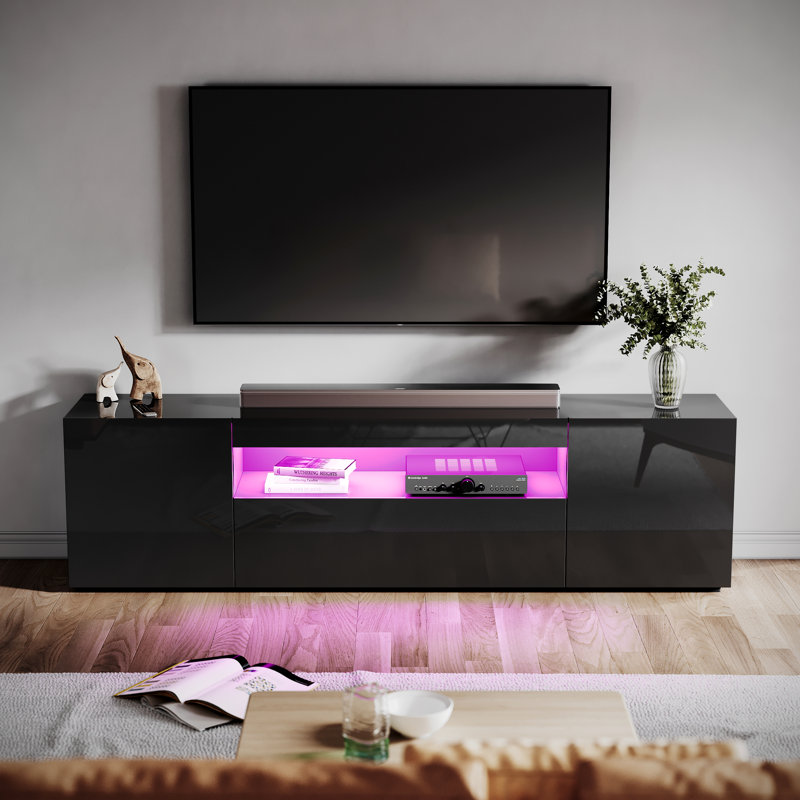 Caelainn High Gloss TV Stand & TV Cabinet, 1 Flip Door, 2 Side Doors, RGB Remote, 15W, Fits 60" TV, Black