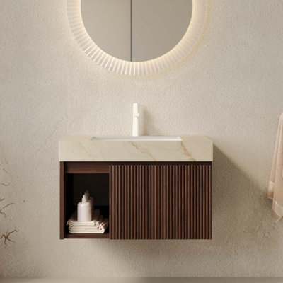Meuble-lavabo de salle de bain, meuble de rangement flottant, comptoir en pierre frittée crème et vasque en céramique avec 1 trou de robinet pré-percé, démonté, sans robinet et ensemble de drain